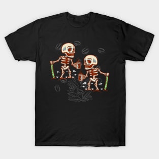 Skeleton With Smiling Skull Drinking Coffee T-Shirt